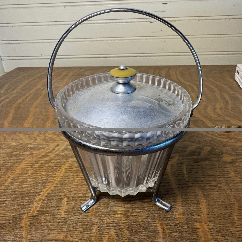 Vintage Pressed Glass Ice Bucket Chrome Stand Lid Yellow Knob Mid Century